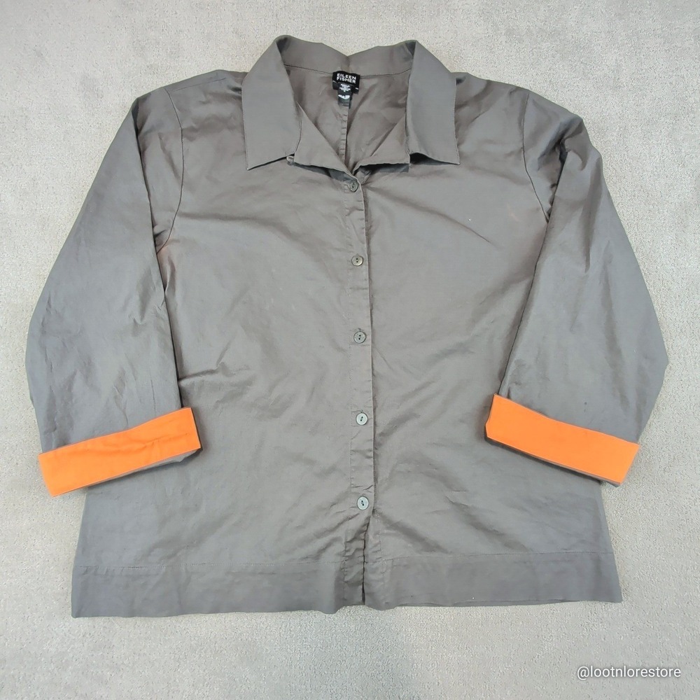 Eileen Fisher Large‎ Cotton Gray Button Down Shirt Business Casual Cuff Sleeve
